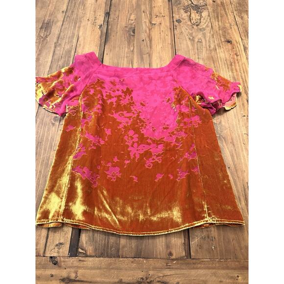 Anthropologie Maeve Ombre Shimmer Tee Top Blouse XS Floral Pink Gold Silk Blend - Picture 10 of 13